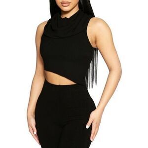 Naked Wardrobe Ribbed Sleeveless Cowl neck Asymmetrical Crop Top In Black